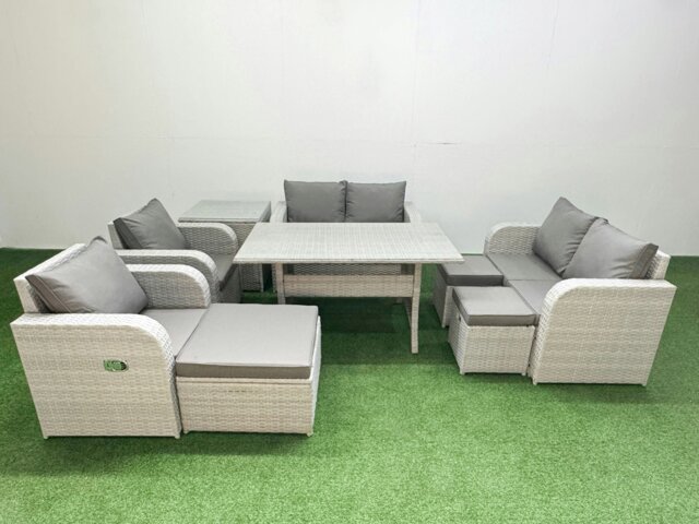 Rackhams 9 Seater Outdoor Reclining Chair Love Sofa Set Rattan Garden Furniture Set with Rectangular Dining Table 3 Stools Side Table Light Grey - image 1