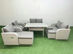 Rackhams 9 Seater Outdoor Reclining Chair Love Sofa Set Rattan Garden Furniture Set with Rectangular Dining Table 3 Stools Side Table Light Grey - thumbnail 1