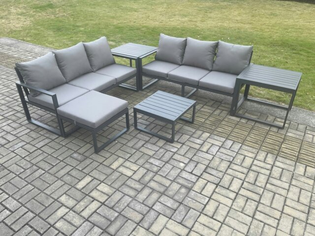 Rackhams 7-Seater Aluminium Outdoor Sofa Set - 6 Pieces, Square Coffee Table, Large Footstool, 2 Side Tables - Dark Grey - image 1