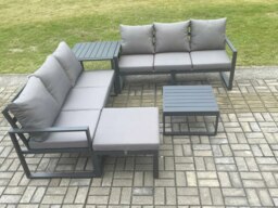 Rackhams 7-Seater Aluminium Outdoor Sofa Set - 6 Pieces, Square Coffee Table, Large Footstool, 2 Side Tables - Dark Grey - thumbnail 2