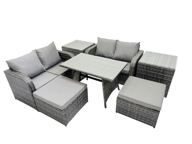 Rackhams 6 Seater Garden Outdoor Rattan Furniture Set Rattan Sofa Oblong Dining Table with 2 Side Table Dark Grey - image 1