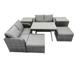Rackhams 6 Seater Garden Outdoor Rattan Furniture Set Rattan Sofa Oblong Dining Table with 2 Side Table Dark Grey - thumbnail 2