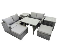 Rackhams 6 Seater Garden Outdoor Rattan Furniture Set Rattan Sofa Oblong Dining Table with 2 Side Table Dark Grey - thumbnail 1