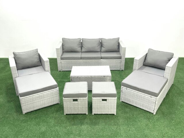 Rackhams 8 Pieces Rattan Garden Furniture Set Outdoor Garden Sofa Chair Coffee Table Set with 4 Footstools Light Grey Mixed - image 1