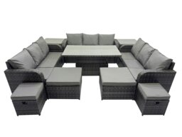 Rackhams Rattan Garden Furniture Dining Set 13 seater Patio Height Adjustable Rising Lifting Table Sofa Set with 2 Side Tables Dark Grey Mixed
