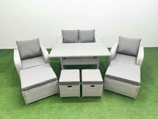 Rackhams PE Rattan Lounge Sofa Set 8 Seater Outdoor Garden Furniture Set with Dining Table Love Sofa 2 Big Footstools 2 Side Tables Light Grey - image 1