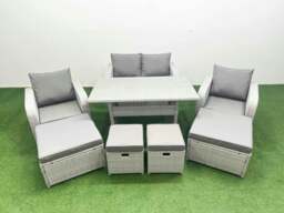 Rackhams PE Rattan Lounge Sofa Set 8 Seater Outdoor Garden Furniture Set with Dining Table Love Sofa 2 Big Footstools 2 Side Tables Light Grey - thumbnail 1