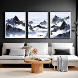 Rackhams Living room pictures for walls - set of 3 Japanese art prints - 20 x 30 in / 50 x 76 cm - Matte Museum Quality Art Paper 290 gsm - Oak Frame
