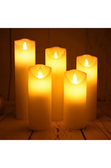 Rackhams 5Pcs Ivory LED Pillar Flameless Candles with Remote–Flickering Flame, Dimmable & Timer - Ivory - One Size - image 1