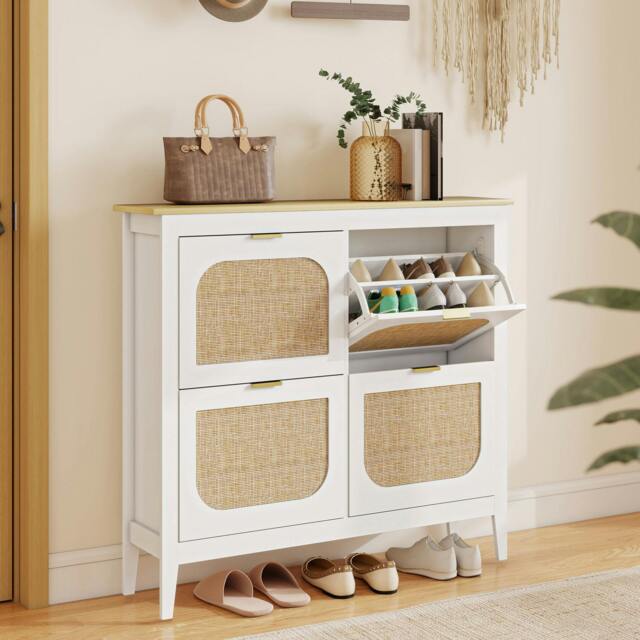 Rackhams Boho Slim Shoe Cabinet with Rattan Doors, Holds 20 Pairs, White - image 1