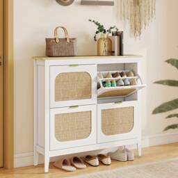 Rackhams Boho Slim Shoe Cabinet with Rattan Doors, Holds 20 Pairs, White