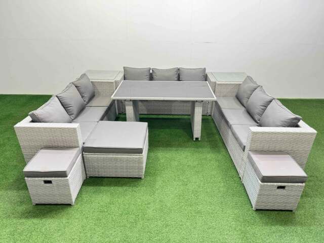 Rackhams Patio Outdoor Garden Furniture Sets with Black Glass Top Dining Table 3 Seater Sofa 2 Side Tables 3 Stool Light Grey - image 1