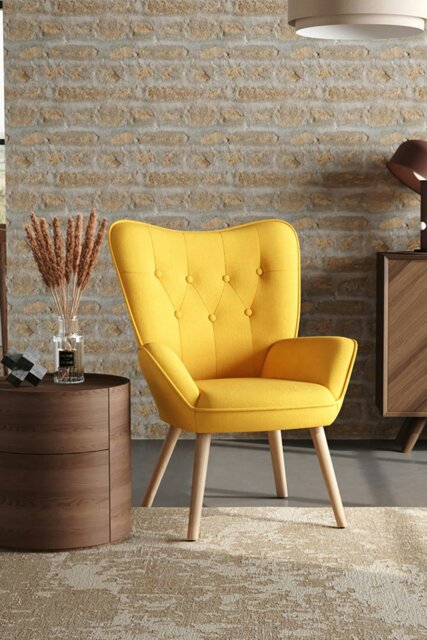 Rackhams Yellow Tufted Button Linen Accent Chair with Wooden Legs - Yellow - image 1