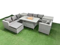 Rackhams 8 Seat PE Rattan Lounge Sofa Set Outdoor Garden Furniture Set with Fire Pit Dining Table 3 Seater Sofa Big Stool 2 Side Tables Light Grey - thumbnail 2