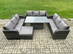 Rackhams Patio Garden Dining Set Outdoor Rattan Furniture Lounge Sofa Height Adjustable Rising lifting Table With Big Footstool Dark Grey Mixed - thumbnail 2