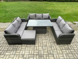 Rackhams Patio Garden Dining Set Outdoor Rattan Furniture Lounge Sofa Height Adjustable Rising lifting Table With Big Footstool Dark Grey Mixed - thumbnail 1