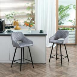 Rackhams Bar Stools Set of 2, Velvet-Touch Fabric Counter Height Bar Chairs, Kitchen Stools with Steel Legs for Dining Area, Kitchen Island Barstools, Grey - thumbnail 2
