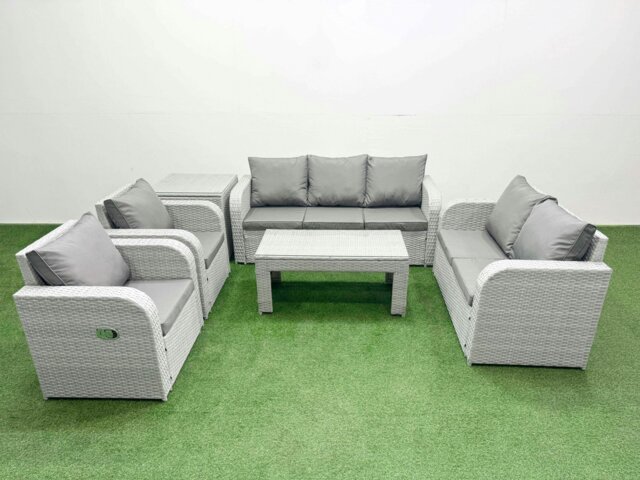Rackhams PE Rattan Garden Furniture Set Adjustable Chair Sofa Double Love Seat 2 Seater Sofa Lounge Set Rectangular Coffee Table Side Table Light Grey - image 1