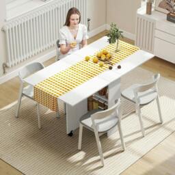 Rackhams Folding Dining Table, Drop Leaf Table with 2-Tier Shelves, Rolling Casters, for Small Spaces, Kitchen, White - White - thumbnail 2