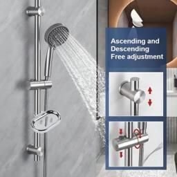 Rackhams Adjustable Shower Slider Rail Riser Kit with Soap Holder Hose and Shower Head Set - Silver - Steel - thumbnail 4