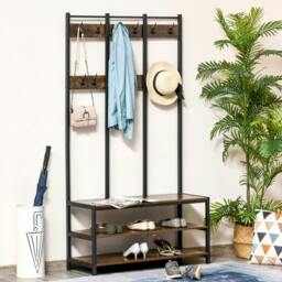 Rackhams Coat Rack Stand, Free Standing Hall Tree, Coat Stand with Hooks, Bench and Shoe Rack, 100cm x 38.5cm x 185.5cm, Industrial Style - thumbnail 2