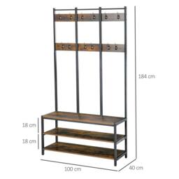 Rackhams Coat Rack Stand, Free Standing Hall Tree, Coat Stand with Hooks, Bench and Shoe Rack, 100cm x 38.5cm x 185.5cm, Industrial Style - thumbnail 3