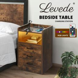 Rackhams Bedside Table Nightstand USB Charger Outlet RGB LED 3 Drawers Oak - thumbnail 2