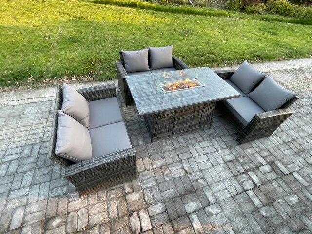 Rackhams Outdoor Garden Dining Sets 6 Seater Rattan Patio Furniture Sofa Set with Gas Fire Pit Table Double Seat Sofa Dark Grey Mixed - image 1