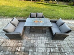 Rackhams Outdoor Garden Dining Sets 6 Seater Rattan Patio Furniture Sofa Set with Gas Fire Pit Table Double Seat Sofa Dark Grey Mixed - thumbnail 2