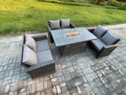 Rackhams Outdoor Garden Dining Sets 6 Seater Rattan Patio Furniture Sofa Set with Gas Fire Pit Table Double Seat Sofa Dark Grey Mixed - thumbnail 1