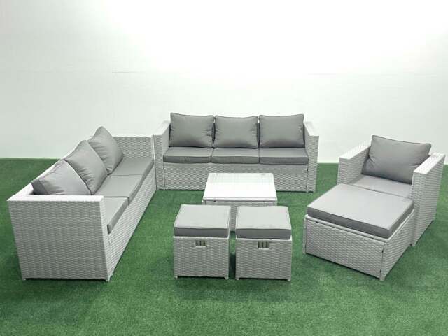 Rackhams Wicker PE Rattan Sofa Garden Furniture Set with Armchair Square Coffee Table 3 Footstools Light Grey Mixed - image 1