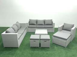Rackhams Wicker PE Rattan Sofa Garden Furniture Set with Armchair Square Coffee Table 3 Footstools Light Grey Mixed - thumbnail 1