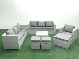 Rackhams Wicker PE Rattan Sofa Garden Furniture Set with Armchair Square Coffee Table 3 Footstools Light Grey Mixed - thumbnail 2