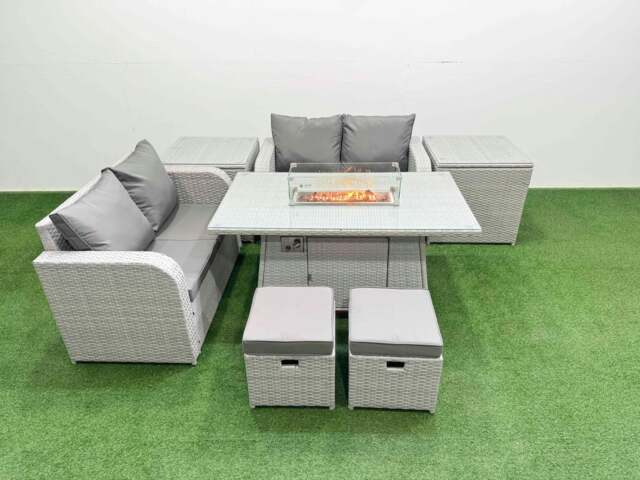 Rackhams 6 Seater Outdoor Love Sofa Set Rattan Garden Furniture Set with Fire Pit Dining Table 2 Small Stools 2 Side Tables Light Grey - image 1