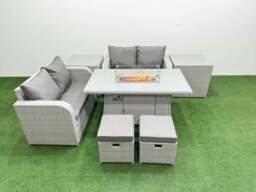 Rackhams 6 Seater Outdoor Love Sofa Set Rattan Garden Furniture Set with Fire Pit Dining Table 2 Small Stools 2 Side Tables Light Grey - thumbnail 1
