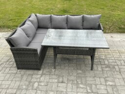 Rackhams Outdoor Rattan Garden Furniture Corner Sofa Set with Rectangular Dining Table Patio Wicker Rattan Set Dark Grey Mixed - thumbnail 2