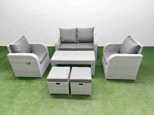 Rackhams Light Grey PE Wicker Rattan Garden Furniture Set Sofa Set Reclining Adjustable Chair Oblong Coffee Table 6 Seater 2 Small Stools - image 1