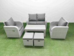 Rackhams Light Grey PE Wicker Rattan Garden Furniture Set Sofa Set Reclining Adjustable Chair Oblong Coffee Table 6 Seater 2 Small Stools - thumbnail 1