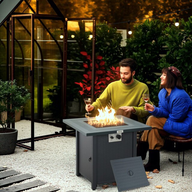 Rackhams Outdoor Propane Gas Fire Pit Table w/ Lid and Lava Rocks, Black - Dark Grey - Steel - 71cm x 71cm x 62cm - image 1