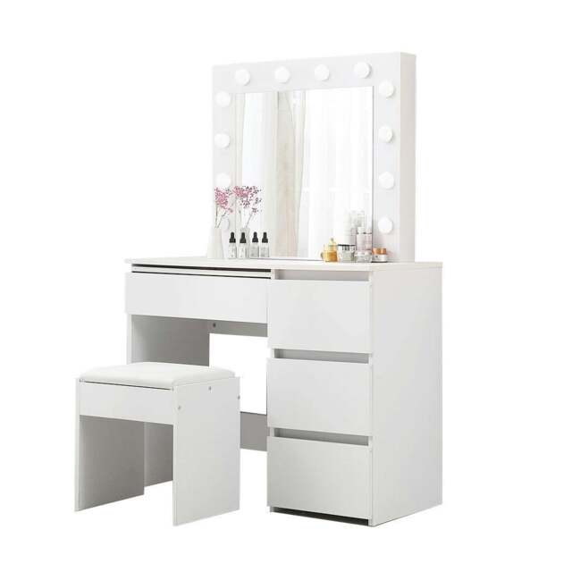 Rackhams Vanity Makeup Dressing Table White with Led  Light Mirror Drawer PU Stool - image 1