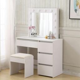 Rackhams Vanity Makeup Dressing Table White with Led  Light Mirror Drawer PU Stool - thumbnail 2
