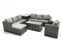 Rackhams Outdoor Garden Furniture Set 10 Seater Rattan Sofa Set with Coffee Table 3 Footstools Armchair Side Table Dark Grey Mixed - thumbnail 1