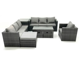 Rackhams Outdoor Garden Furniture Set 10 Seater Rattan Sofa Set with Coffee Table 3 Footstools Armchair Side Table Dark Grey Mixed - thumbnail 2