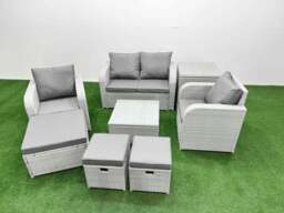 Rackhams Light Grey PE Wicker Rattan Garden Furniture Set Sofa Set Reclining Adjustable Chair Square Coffee Table 7 Seater 3  Stools Side Table - thumbnail 1