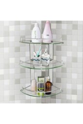 Rackhams 3 Tiers Tempered Glass Corner Shelf with Steel Bathroom Rail Wall Mounted - Silver - thumbnail 5