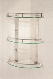 Rackhams 3 Tiers Tempered Glass Corner Shelf with Steel Bathroom Rail Wall Mounted - Silver - thumbnail 3