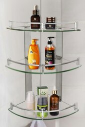 Rackhams 3 Tiers Tempered Glass Corner Shelf with Steel Bathroom Rail Wall Mounted - Silver - thumbnail 1