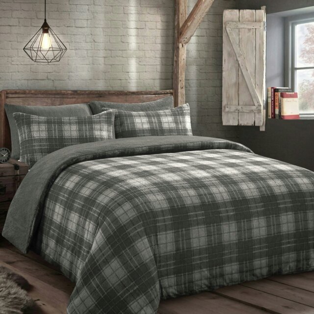 Rackhams Check Teddy Fluffy and Warm Fleece Duvet Cover Set - Grey - Single - image 1