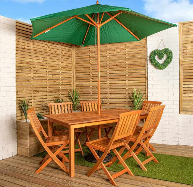 Rackhams Outdoor 6 Person Rectangular Wooden Garden Patio Dining Table Chairs with Green Parasol and Base Set - Outdoor Furniture Sets - image 1