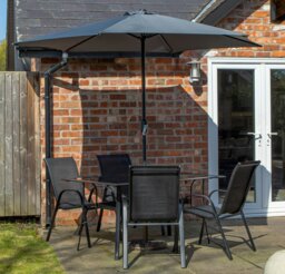 Rackhams Outdoor 4 Person Rectangular Glass Top Garden Dining Table Chairs With Grey Havana Parasol and Base Set - Outdoor Furniture Sets - thumbnail 1